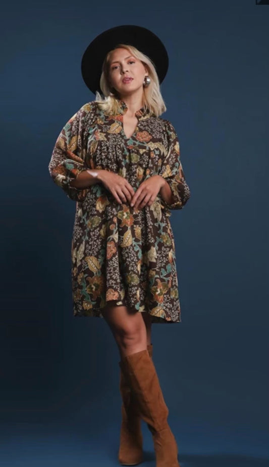 Brown floral v neck dress