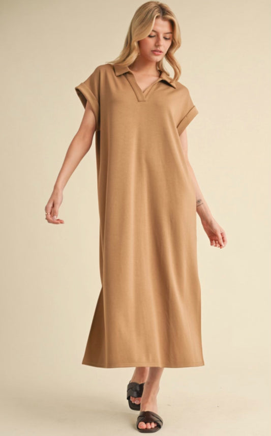 Tan Solid midi dress with open collared neck