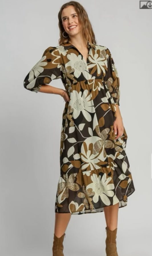 Floral abstract printed tiered dress