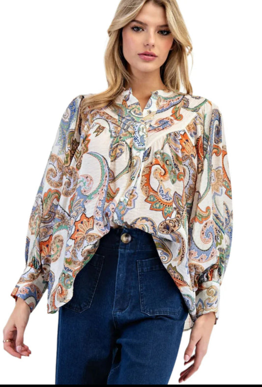 Paisley printed bubble sleeve top