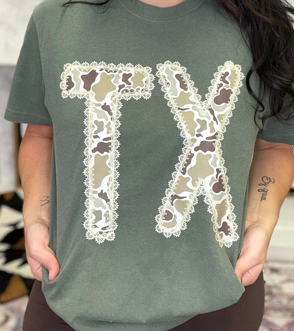 Comfort Colors Olive TX Camo with Lace Tee
