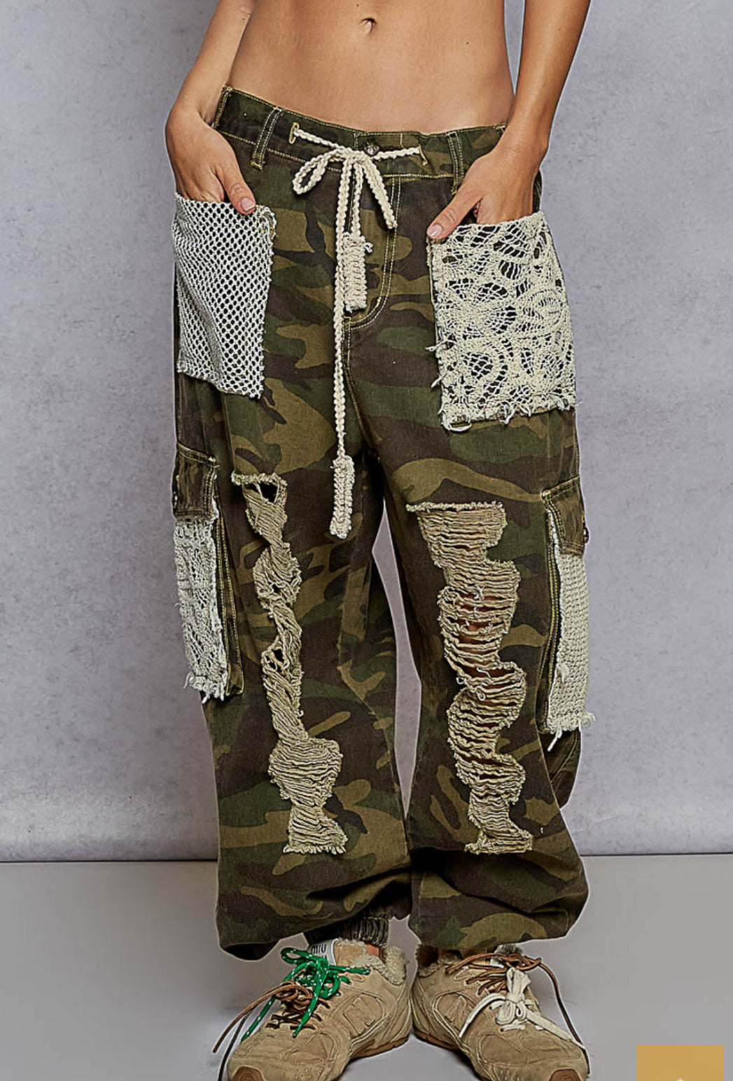 Camo & Lace Tie Waist Pants