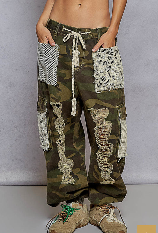 Camo & Lace Tie Waist Pants