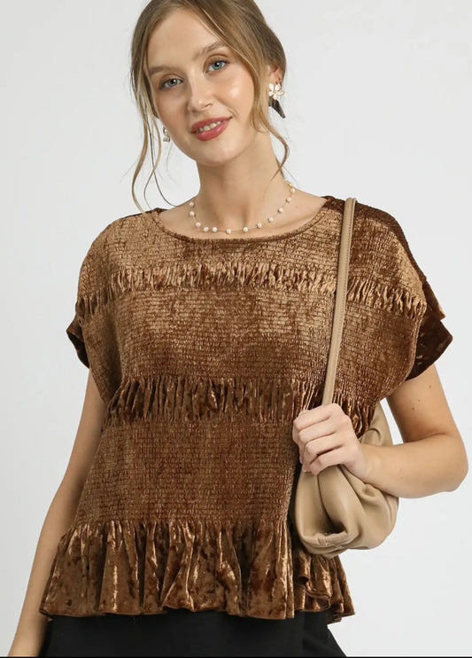 Velvet Ruffle Hem Smocked Blouse