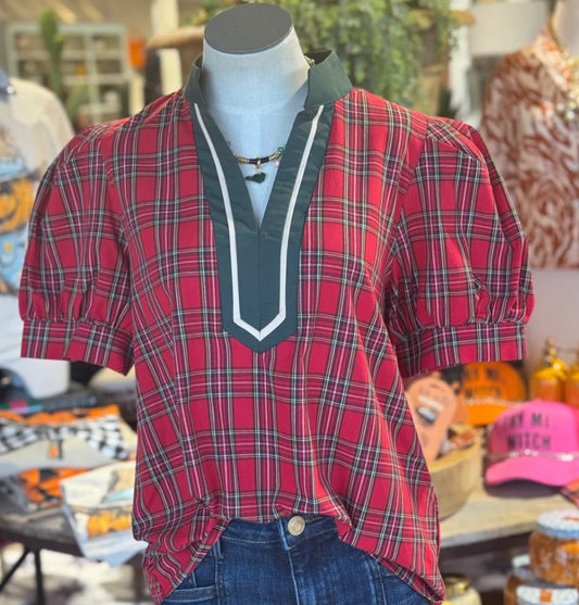 Red Plaid Puff Sleeve Blouse