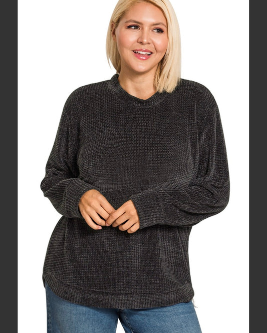 Plus Size Chenille Waffle Round Neck Long Sleeve Sweater