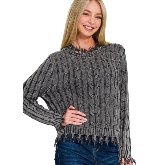Washed Cable Knit Fringe Sweater