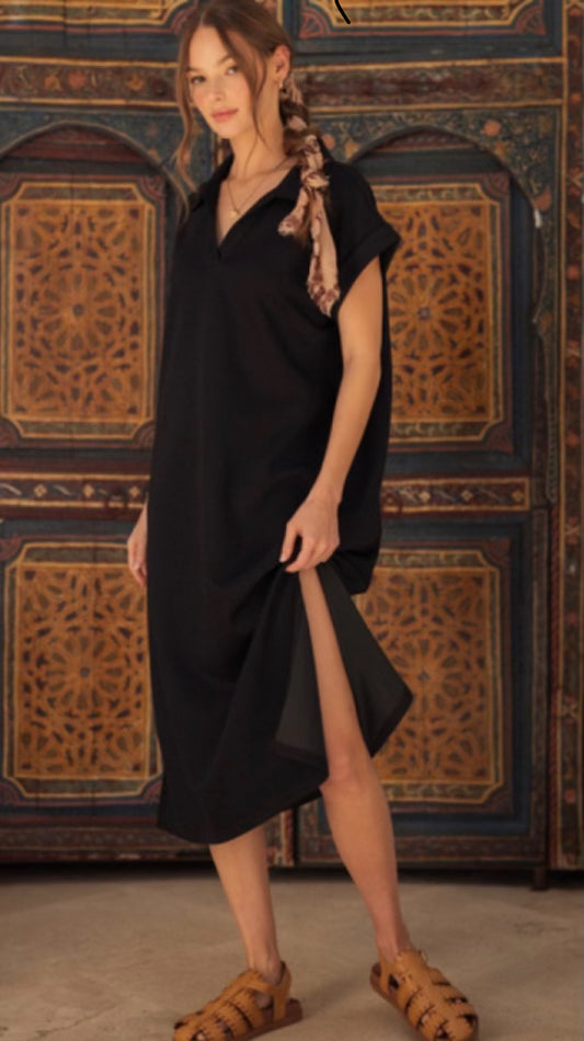 Black Solid midi dress with open collared neck