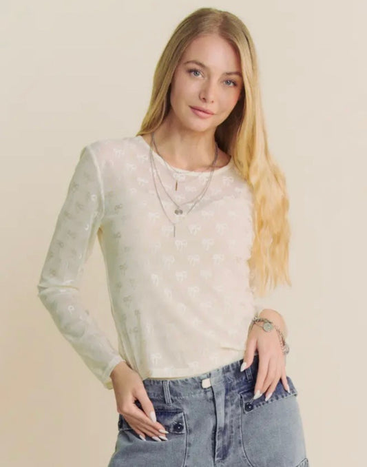 Cream Ribbon Embroidered Long
Sleeve Mesh Top