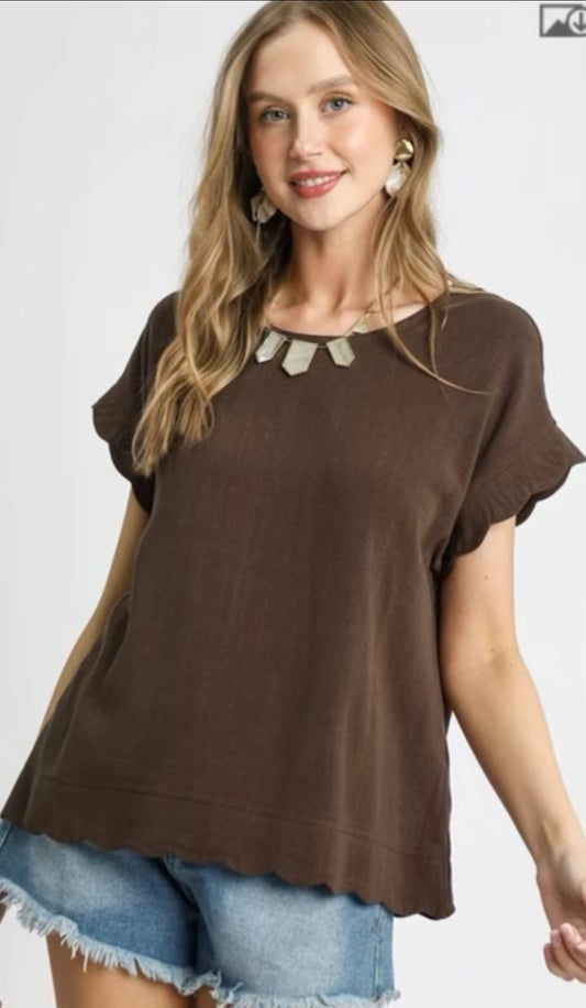 Brown Linen Ruffle Sleeve Top