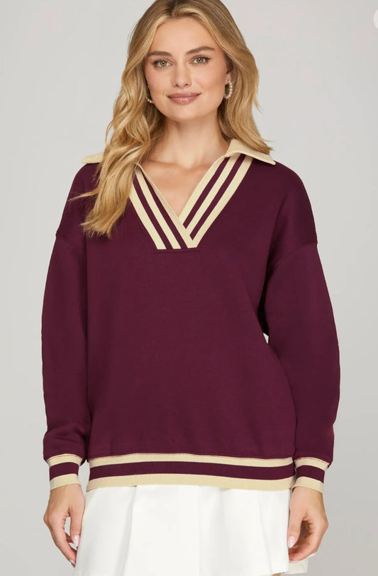 Long Sleeve V Neck Knit Pullover W/ Contrast Rib Band