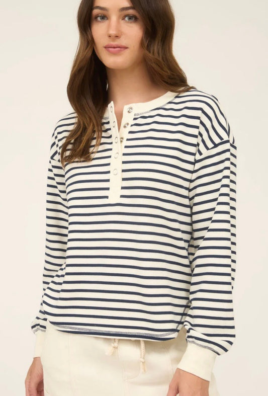 STRIPE HENLEY SNAP BUTTON LONG SLEEVE KNIT TOP