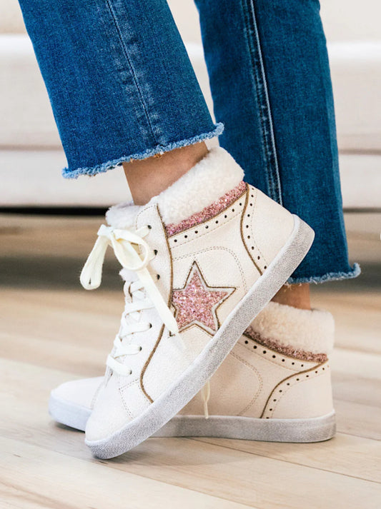 White with pink star high top sneaker