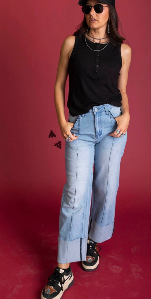 The Jackpot Jeans with Cuffs, Seamed Line in Center, and Black Piping