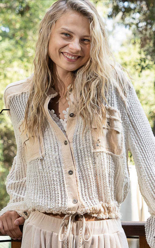 Cream Muti Lace Hooded Crochet Button Down