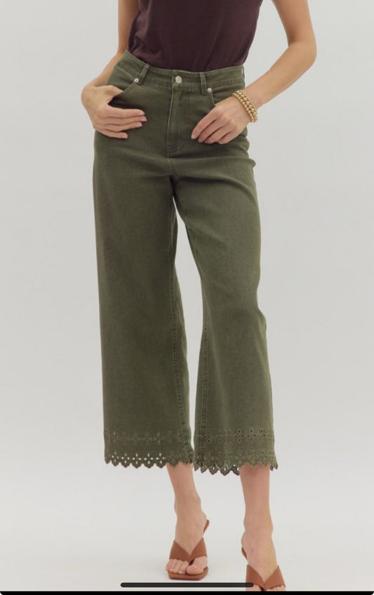 Green Embroidered Hem Pants
