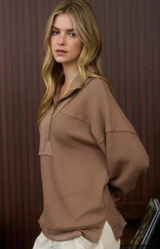 Half Zip Collared Long Sleeve Waffle Knit Top