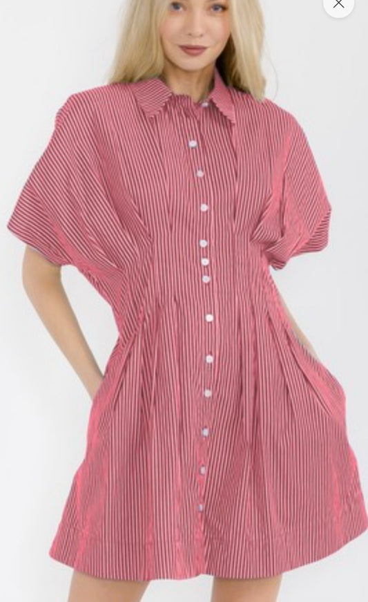 Pleated Red & White Stripe Button Dress