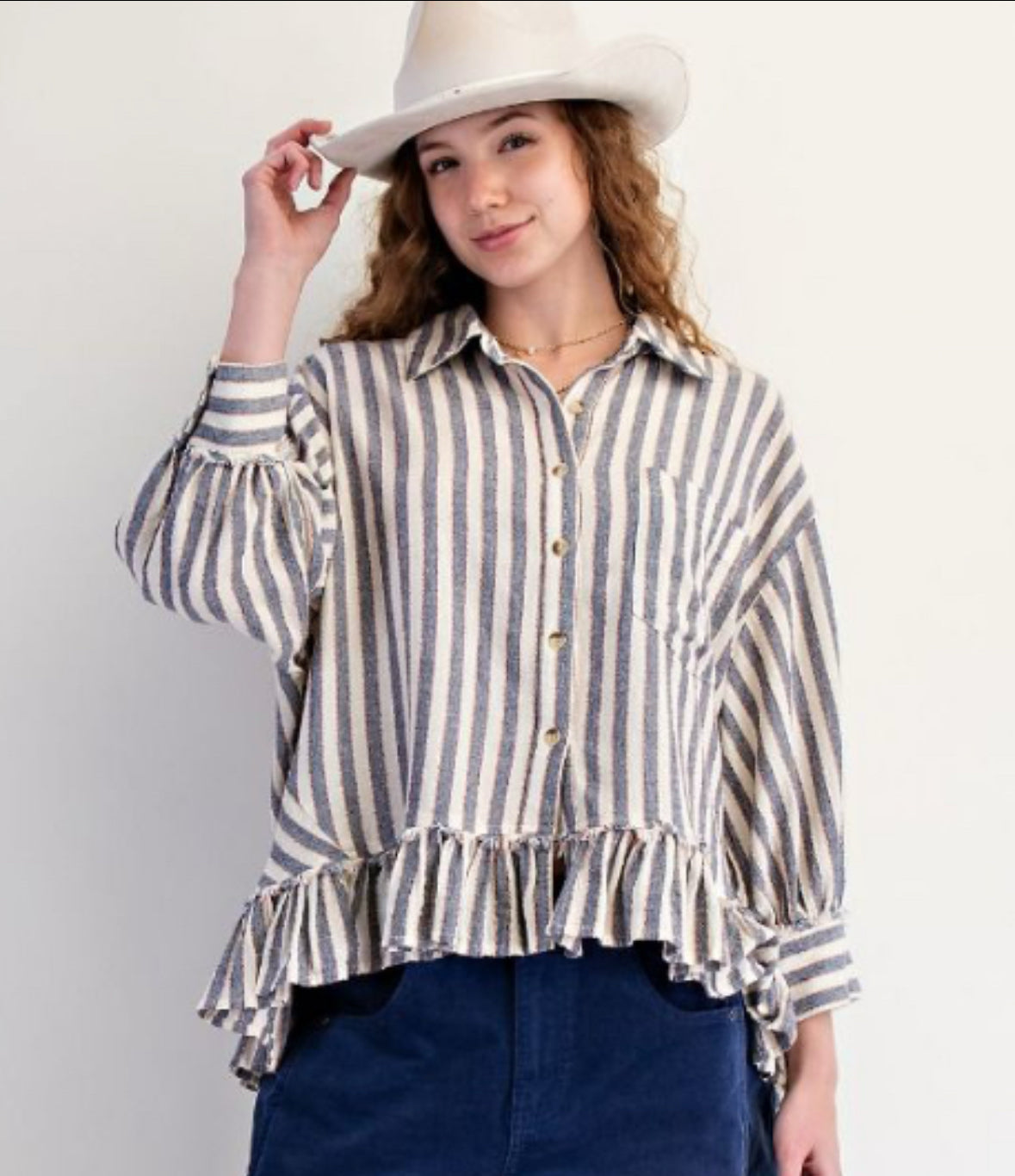 3/4 SLEEVE STRIPE LINEN SHIRT
