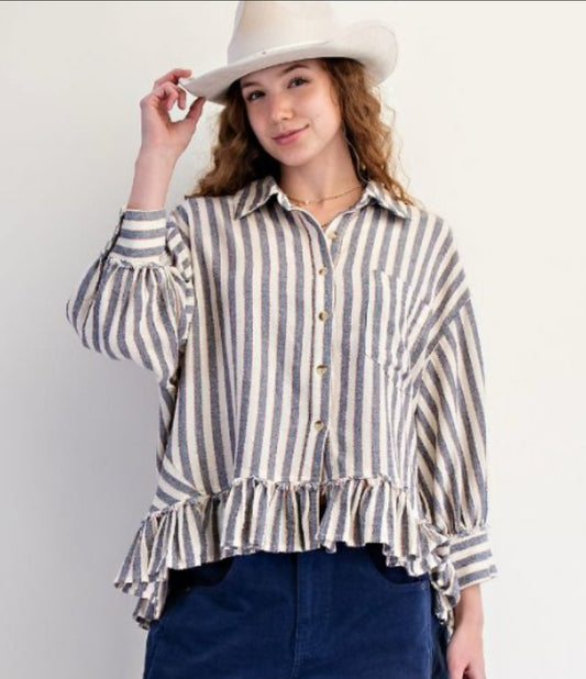 3/4 SLEEVE STRIPE LINEN SHIRT