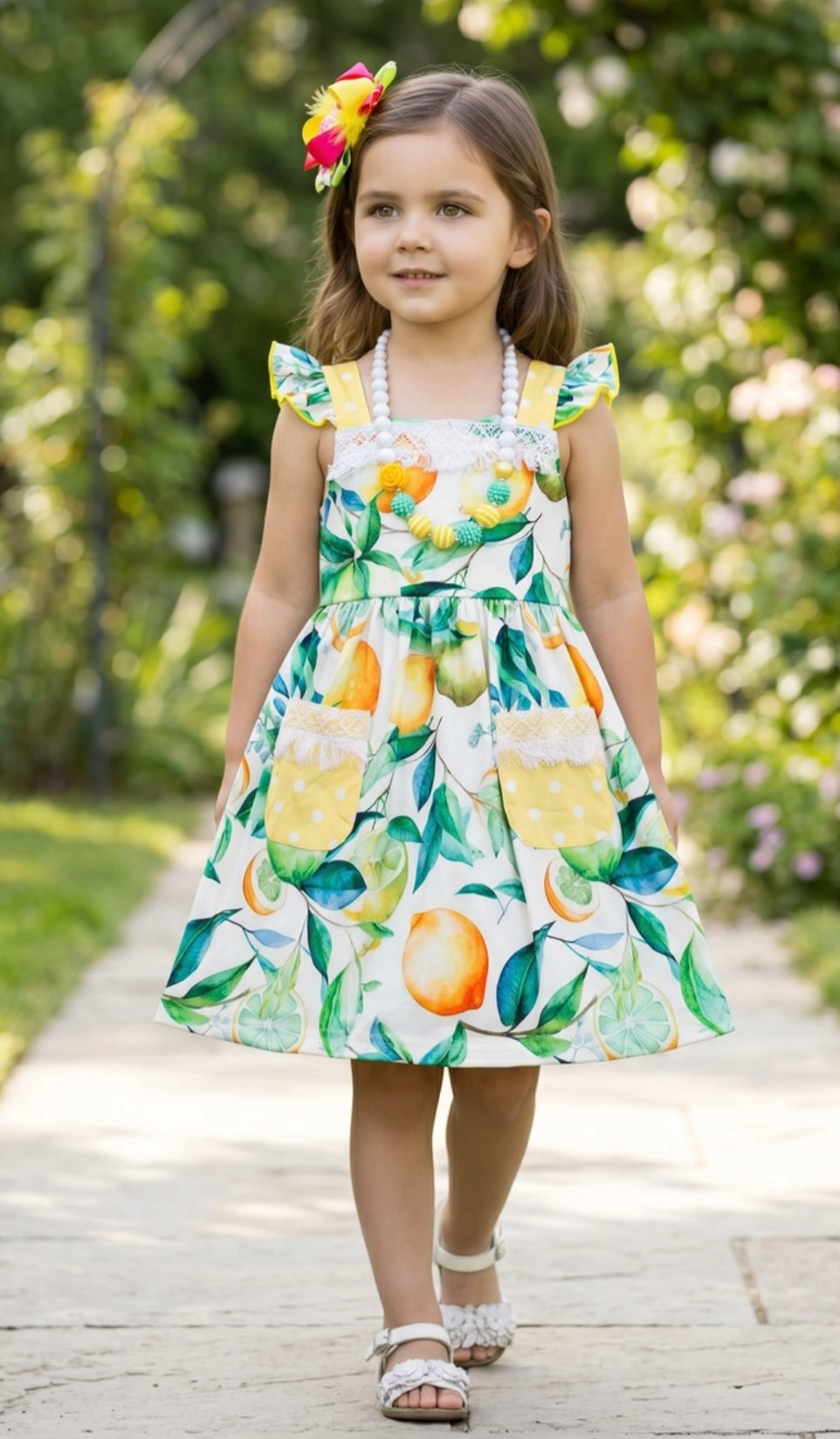 Children's Lemon Printed Dress with Lace Detailing