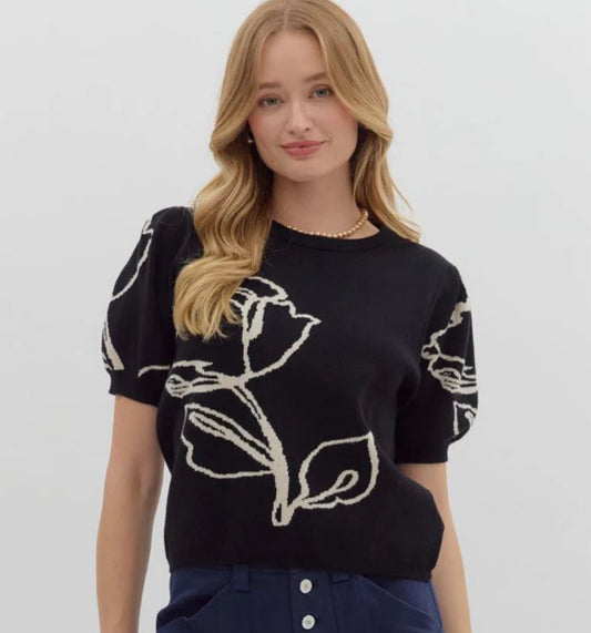 Black Floral Puff Sleeve Blouse