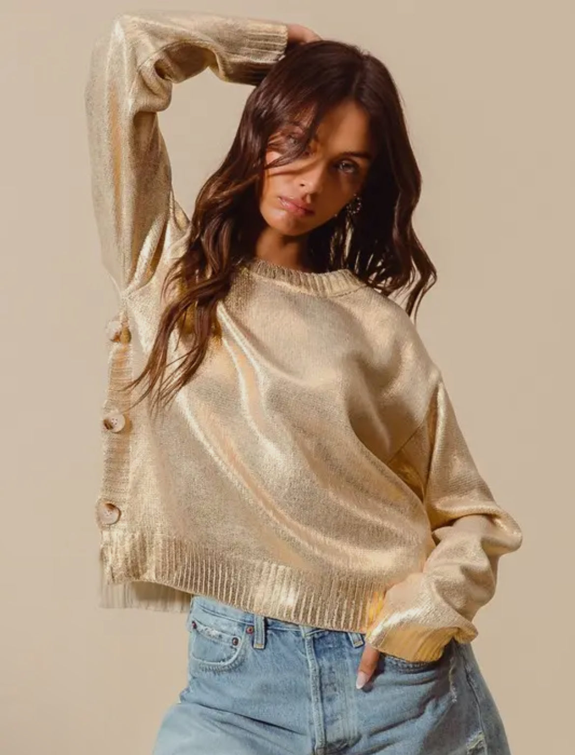 Gold Metallic Foil  Sweater with Button sideseam