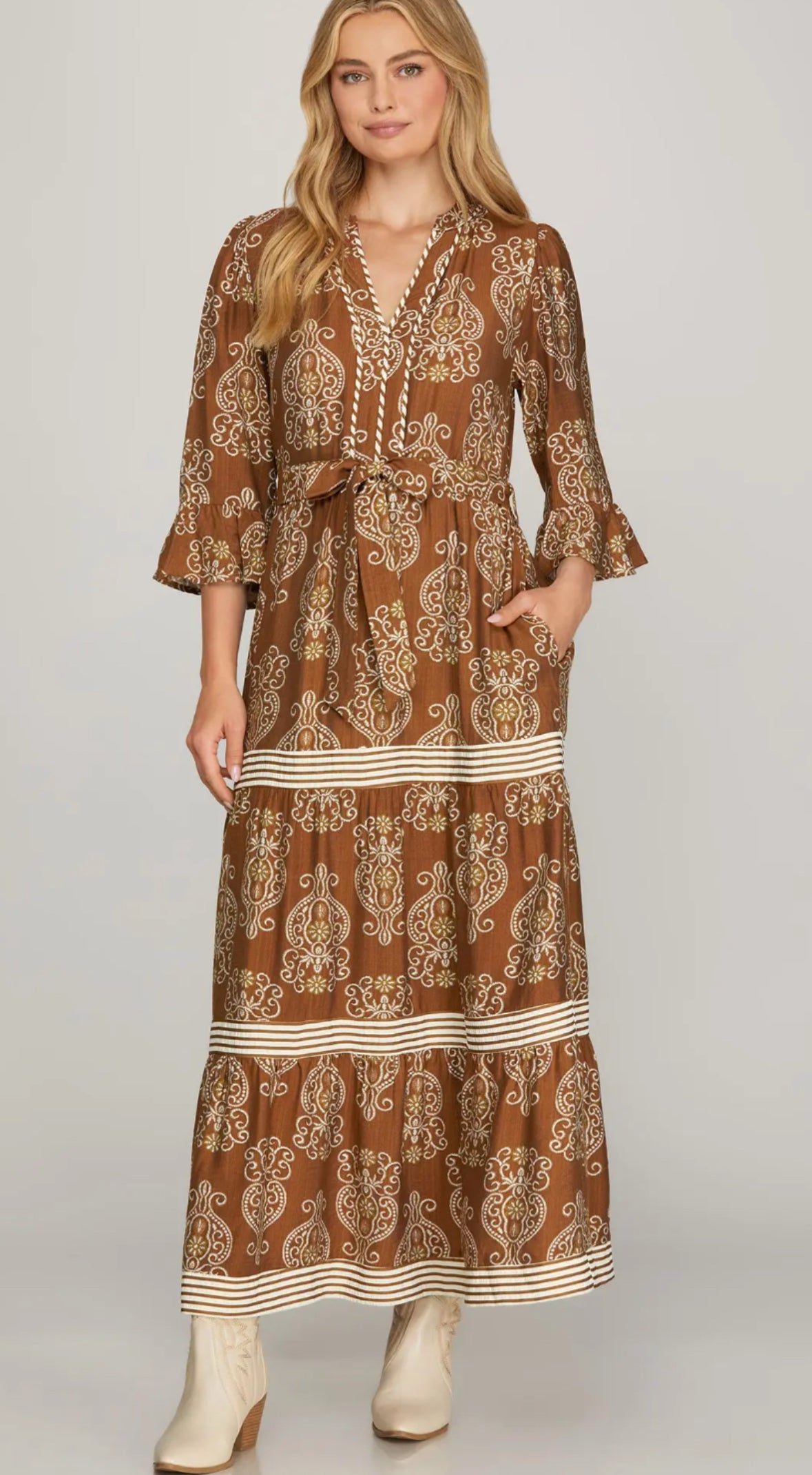 3/4 Ruffled Bell Sleeve Tiered Dress