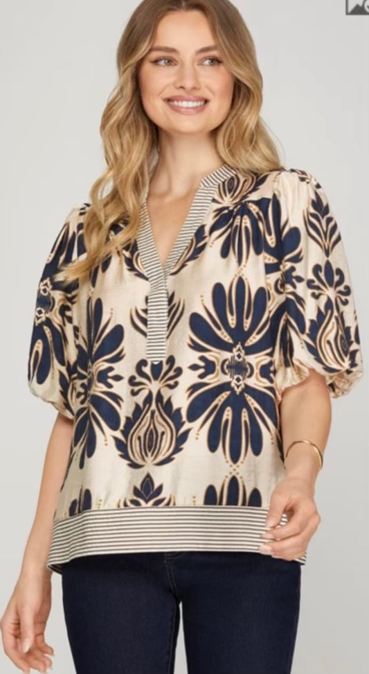 Navy/blue printed woven top