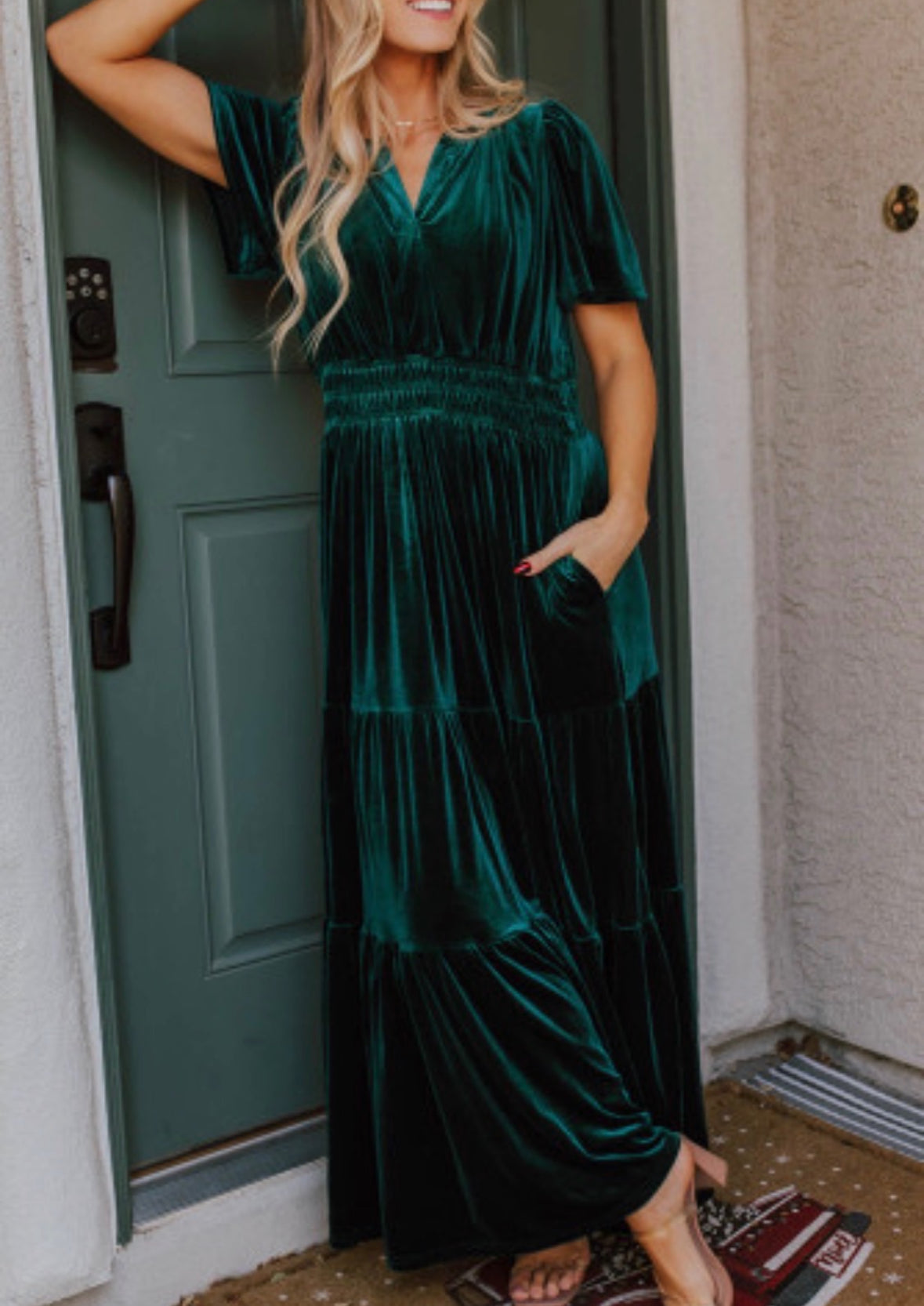 Evergreen Velvet Short Sleeve Maxi Dress
