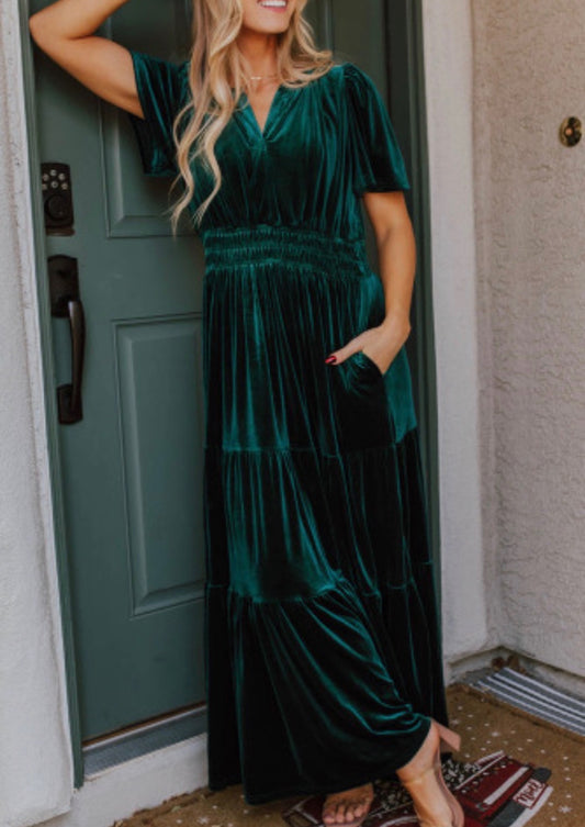 Evergreen Velvet Short Sleeve Maxi Dress