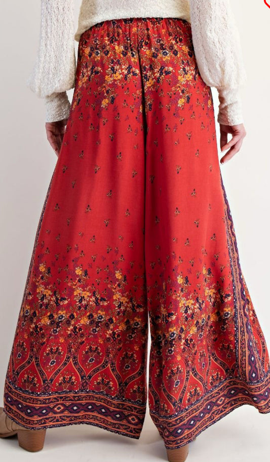 Border Printer Rayon Pant-Raspberry