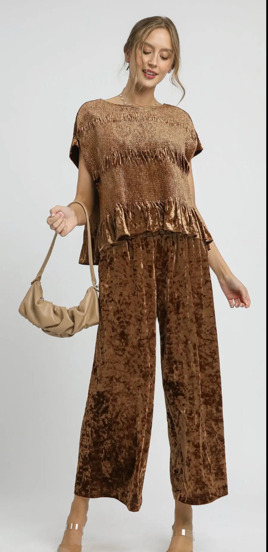 Velvet Ruffle Hem Smocked Blouse