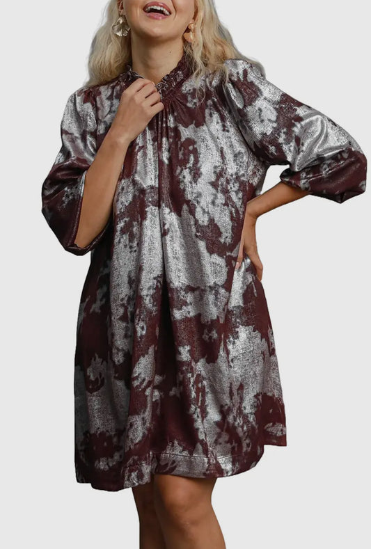 Ruffled High Neck Merlot Metallic Dress