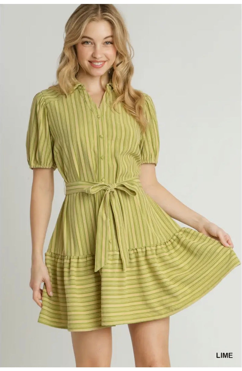 Stripe Mid Button Down V Neck Dress