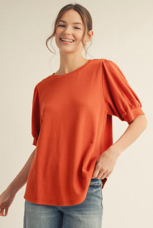 Orange Ribbed U-neck Top