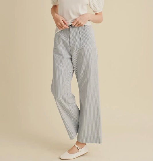 Blue Striped High Waist Wide Leg Pants