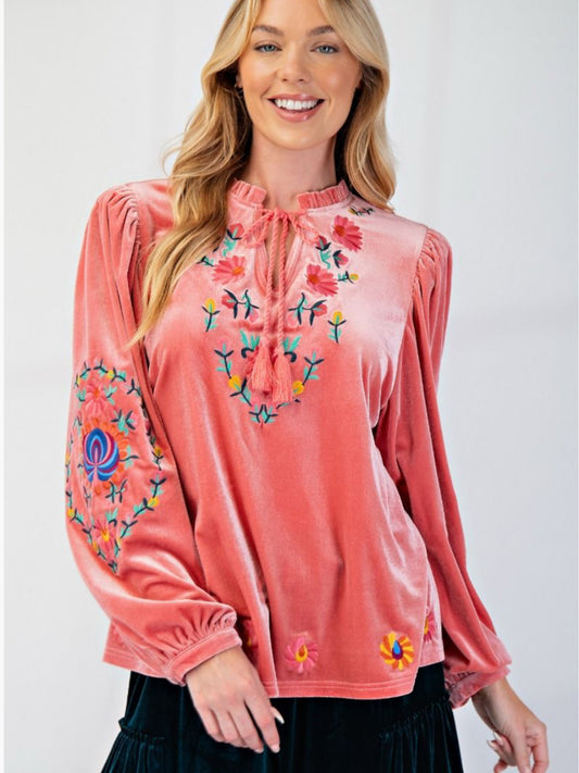 Coral Pink Long Sleeve Embroidered Velvet Blouse