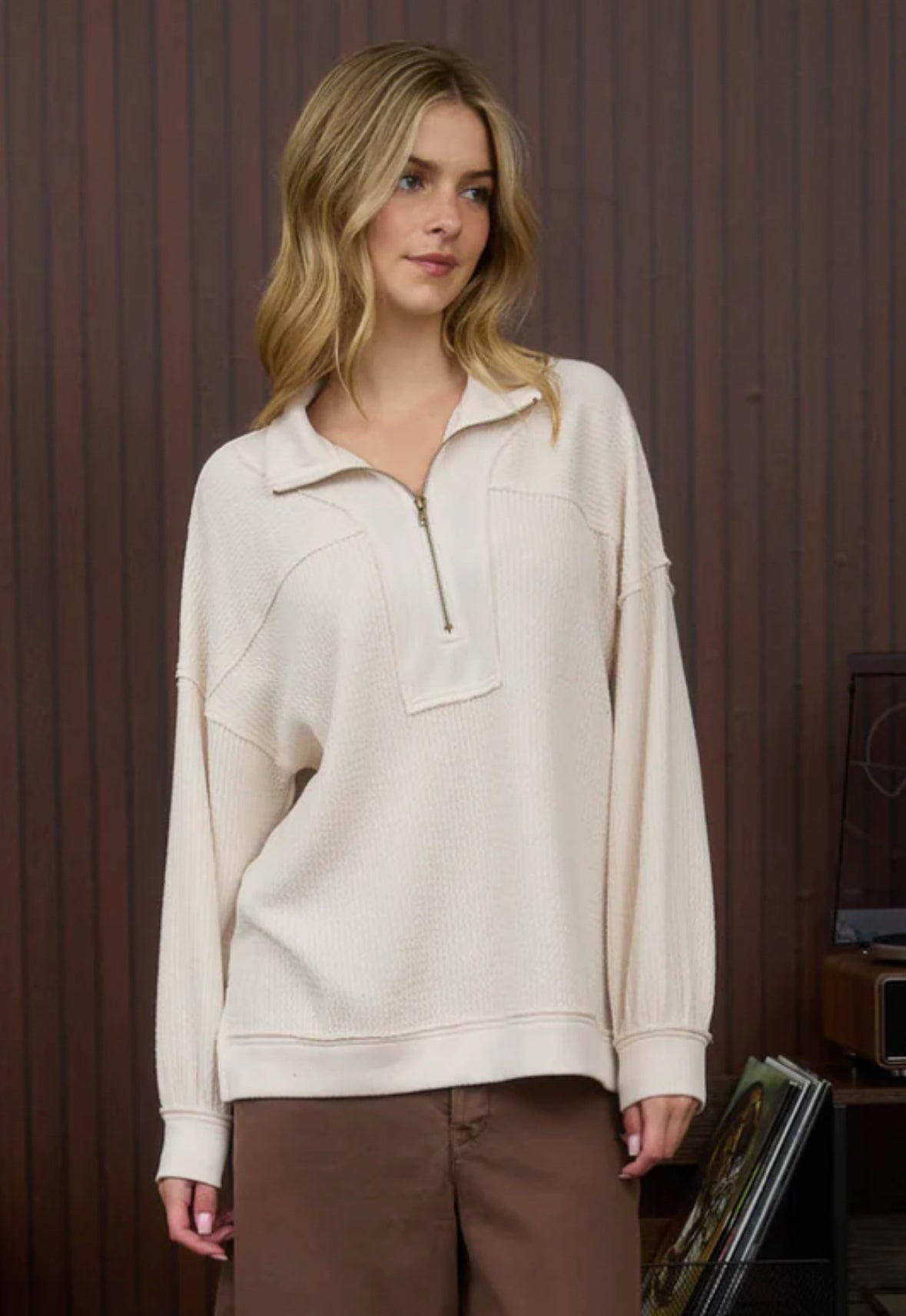 Half Zip Collared Long Sleeve Waffle Knit Top