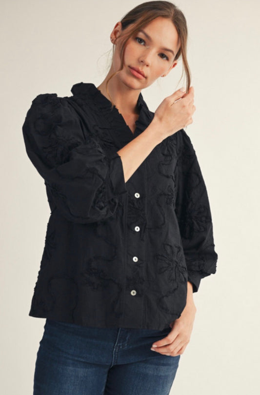 3/4 Sleeves Button Down 3D Floral Top