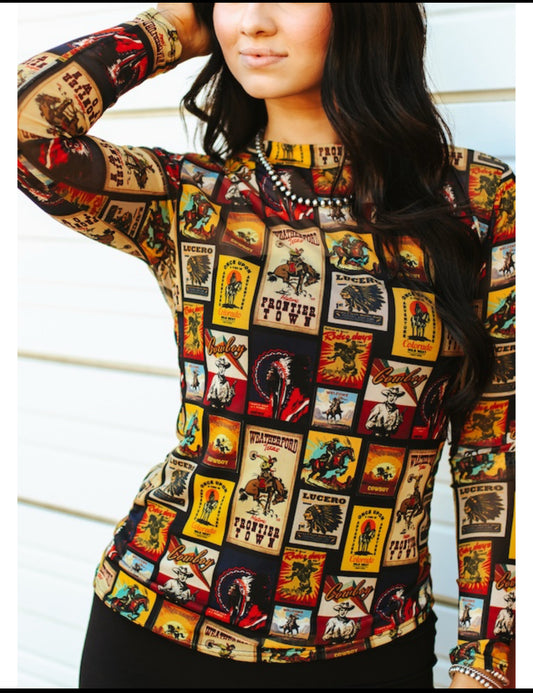Rodeo Collage printed long sleeve mesh top