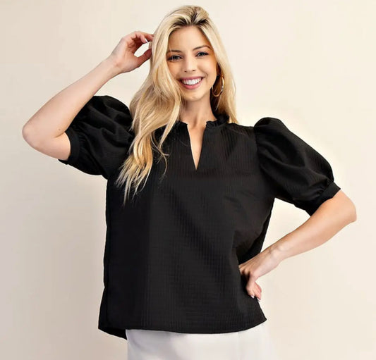 Black Ruffle V-Neck Puff Sleeve Top