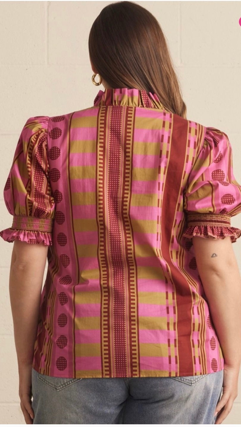 Plus Size Mixed Print Short Puff Sleeve Top featuring Ruffle Neck Detail