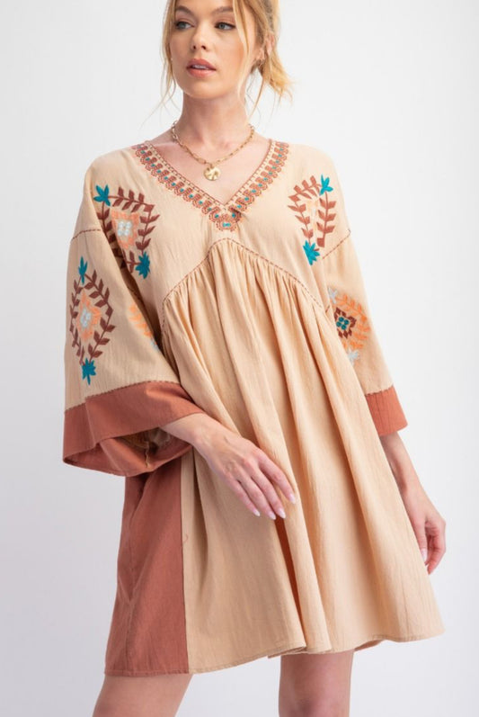 Embroidered Poly Linen Woven Dress