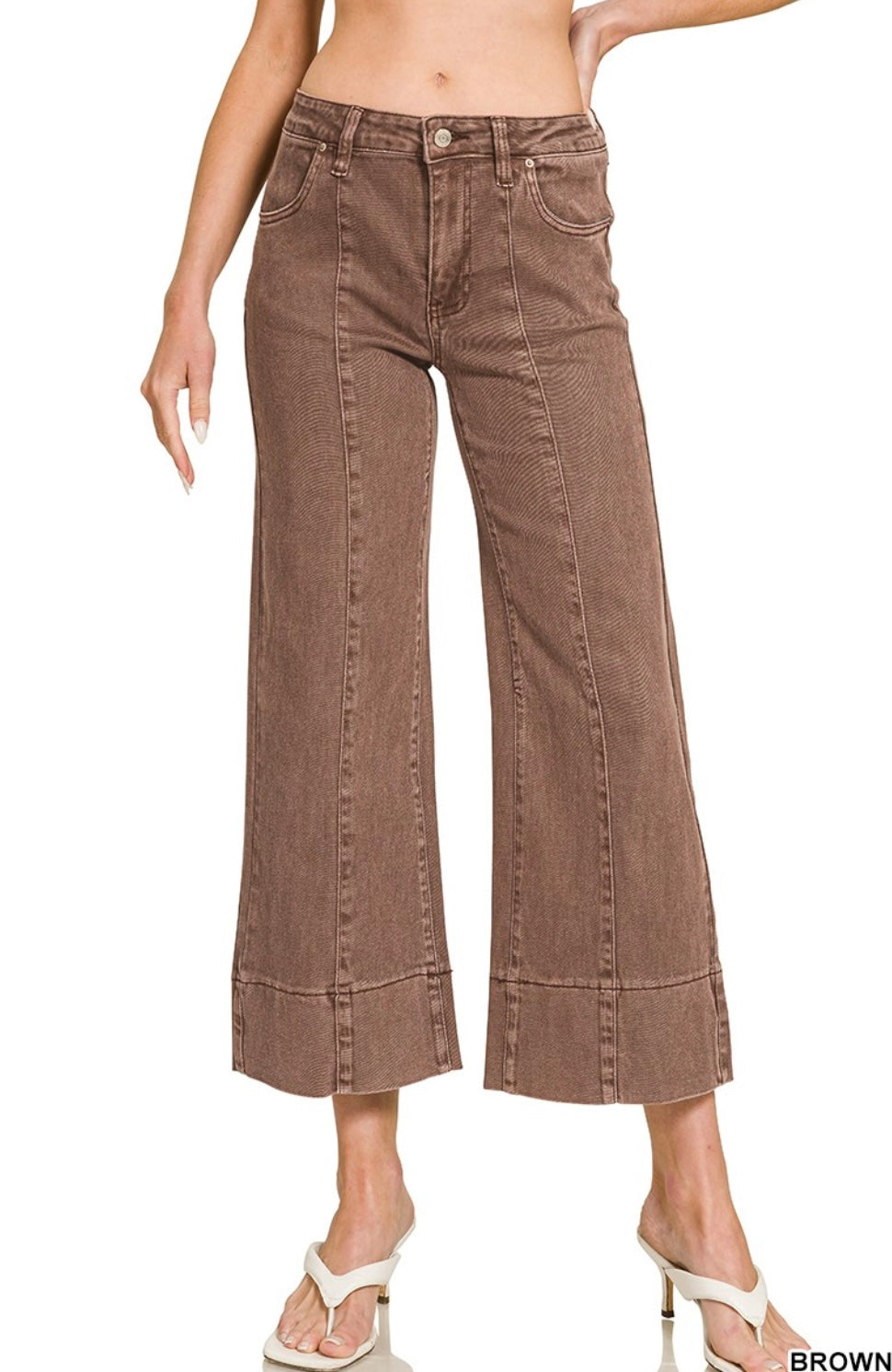 Mid Rise Wide Leg Cropped Brown Colored Denim Pants