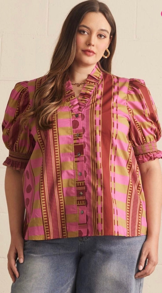 Plus Size Mixed Print Short Puff Sleeve Top featuring Ruffle Neck Detail