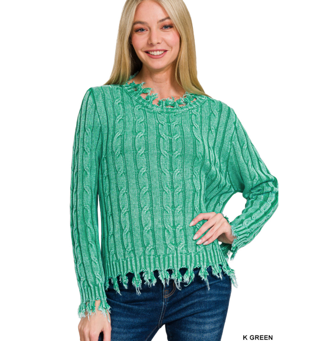 Washed Cable Knit Fringe Sweater