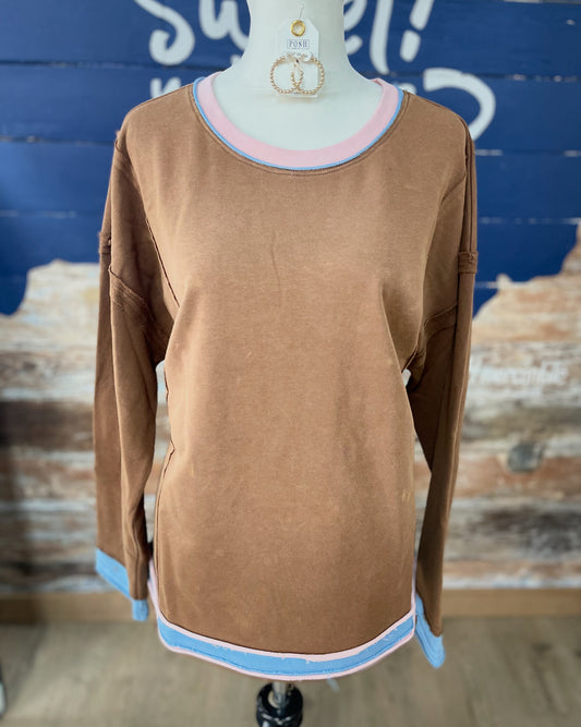 Brown Long Sleeve Color Trim Blouse