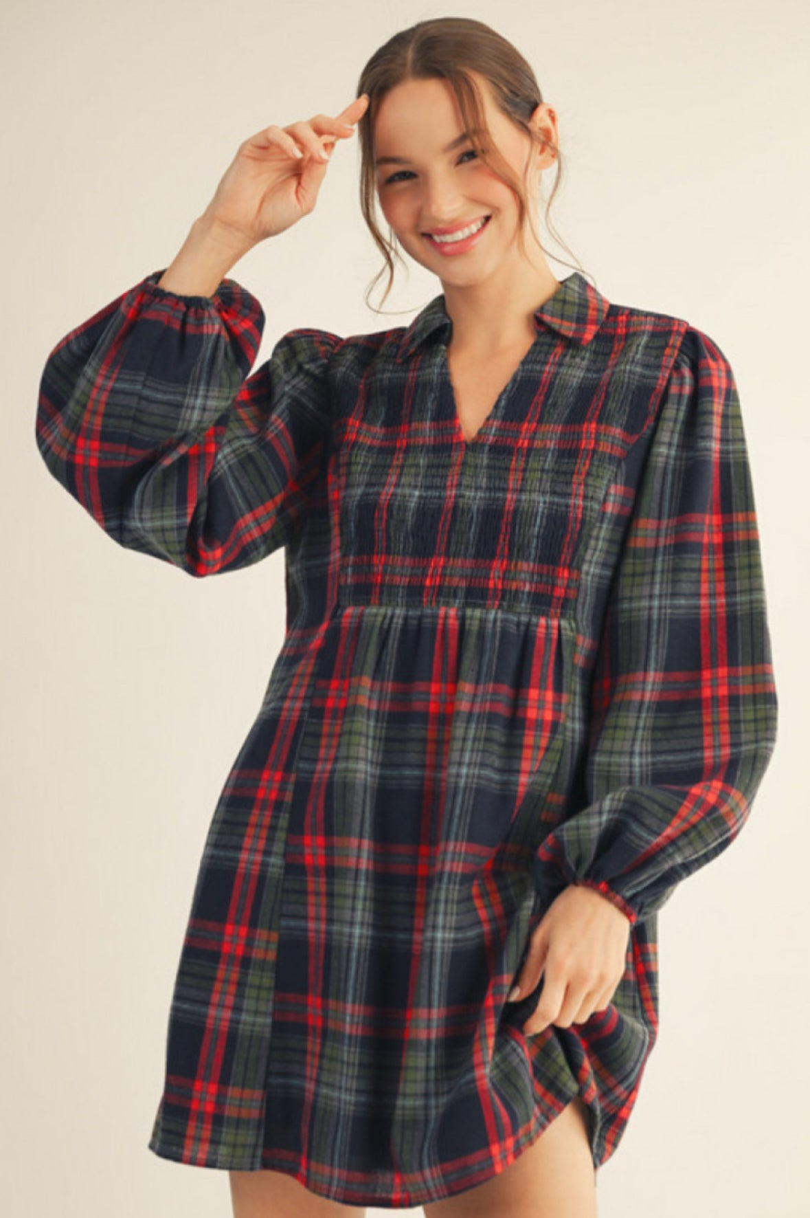 Long Sleeve Plaid Babydoll Dress
