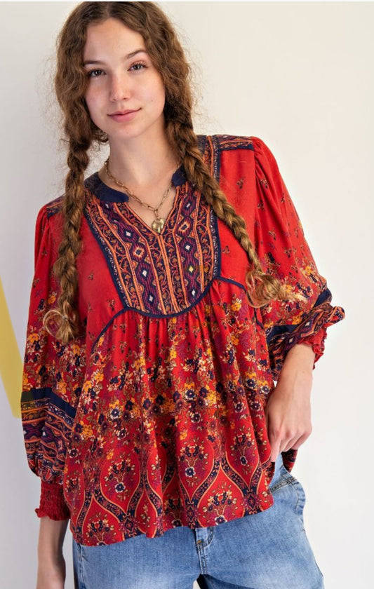 Long Sleeve Border Printed Rayon Top